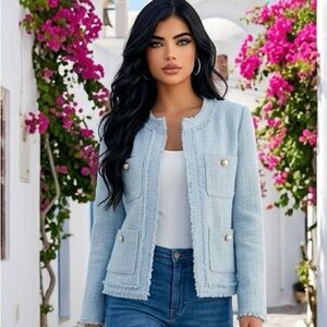 Nanette Lepore Light Blue Tweed Pocket Blazer